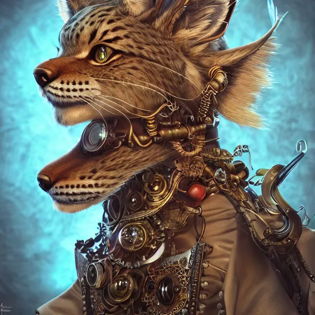 Prompt: the portrait of anthropomorphic lynx fursona wearing a steampunk dress as unimaginably beautiful, gorgeous, elegant, young lynx, an ultrafine hyperdetailed illustration by kim jung gi, irakli nadar, intricate linework, bright colors, octopath traveler, final fantasy, unreal engine 5 highly rendered, global illumination, radiant light, detailed and intricate environment