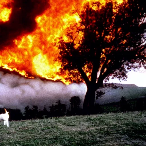 Prompt: horrifying photo of a four legged human idly staring ,hill of a burning small town a white wooden church is in the distance, bloody, by wes craven, 35mm film stock, creepy, disturbing