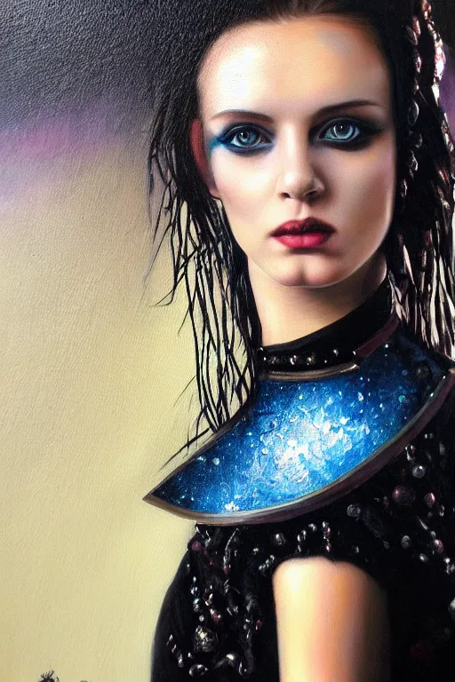 Image similar to hyperrealism oil painting, close - up portrait of punk gothic medieval brunette fashion model, knight, steel gradient mixed with nebula sky, in style of baroque