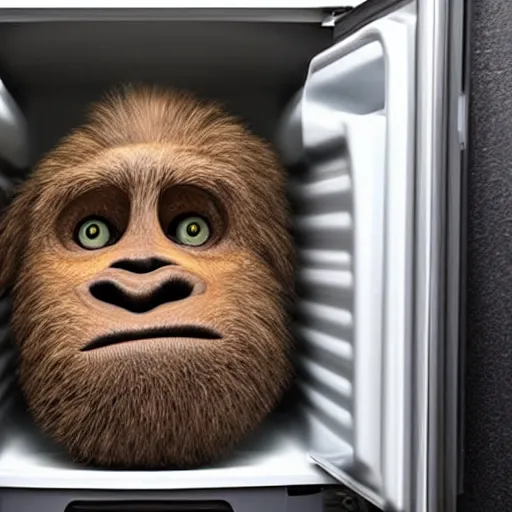 Prompt: bigfoot hiding inside a refrigerator