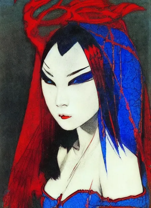 Image similar to portrait of muscular korean vampiress, jeweled veil, blue and red, strong line, saturated color, beautiful! coherent! by frank frazetta, high contrast, minimalism