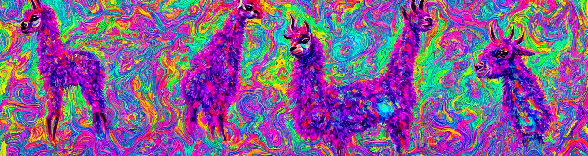 Image similar to Cryptid llama, space, psychedelia, expansive, maximalist, acrylic