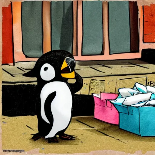 Prompt: Pengu trying to sell stuff on the street, in the style of Otmar Gutmann and Erika Brueggemann, digital art