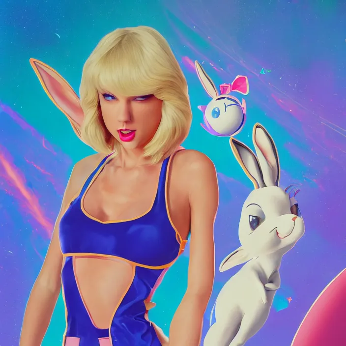 Image similar to portrait of Taylor Swift as Lola Bunny in Space Jam 1996. bunny ears. intricate abstract. intricate artwork. by Tooth Wu, wlop, beeple, dan mumford. octane render, trending on artstation, greg rutkowski very coherent symmetrical artwork. cinematic, hyper realism, high detail, octane render, 8k