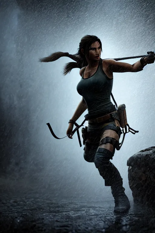 Prompt: cinematic of lara croft as cowboy, dramatic rain, 8 k, moody lighting