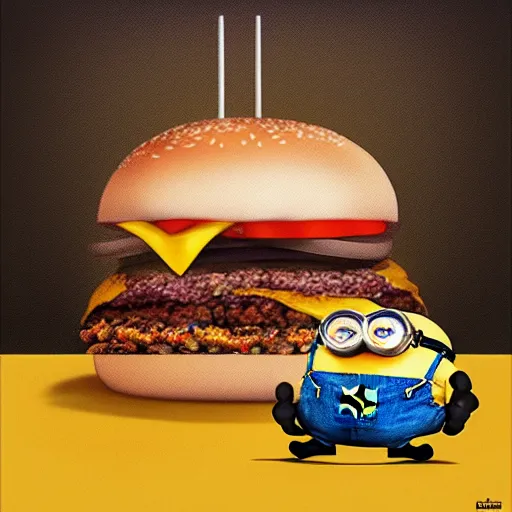Image similar to an epic painting minion, really fat guy, eating burger, oil on canvas, perfect composition, golden ratio, beautiful detailed, photorealistic, digital painting, concept art, smooth, sharp focus, illustration, artstation trending, octane render, unreal engine