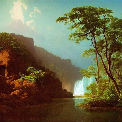 Image similar to painting of a lush natural scene on an alien planet by albert bierstadt. beautiful landscape. weird vegetation. cliffs and water.