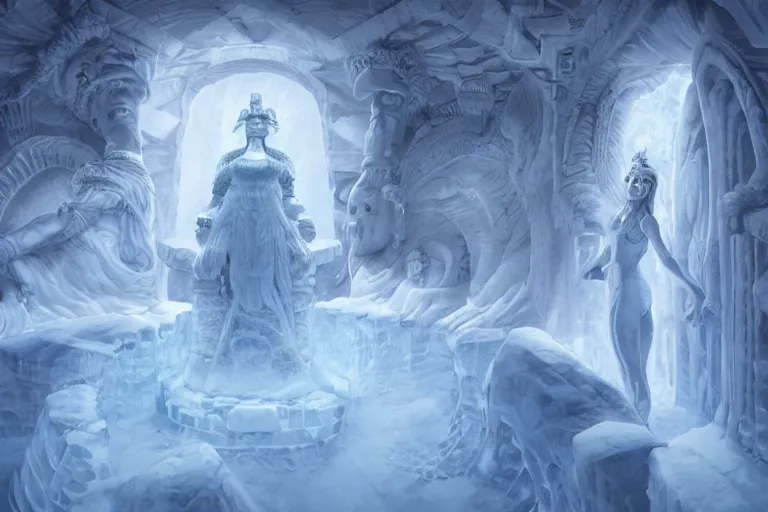 Image similar to a female goddess carved into a giant block of ice in an extradimensional realm, a shrine to worship her at, intricately detailed, physically based rendering, realistic, in the style of artgerm, illustration, epic, fantasy, hyper detailed, artstation, smooth, sharp focus, ray tracing