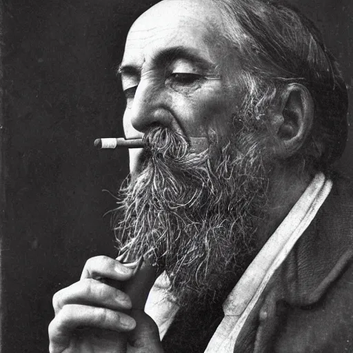 Prompt: Portrait of an earnest man smoking a pipe, b&w, facial details 1856, prairie, honest, medium constrast, photograph, by ilya repin