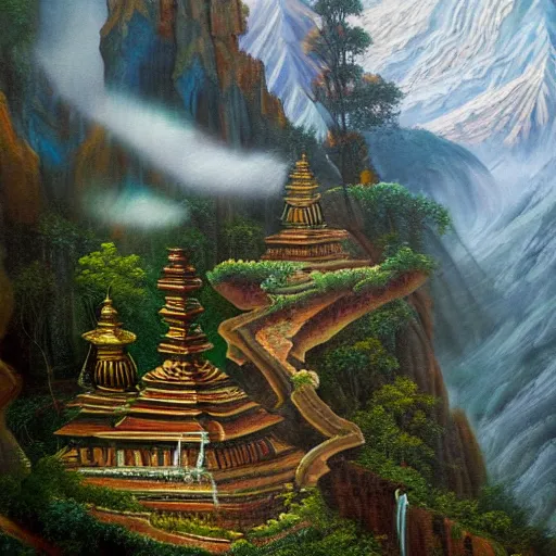 Image similar to a beautiful and highly detailed oil painting of an nepali temple in the kathmandu valley, detailed trees and cliffs, forgotten valley, swirling mist, lush forests, intricate details, epic scale, insanely complex, 8 k, sharp focus, hyper realism, fantasy landscape, psychedelic, by caspar friedrich,