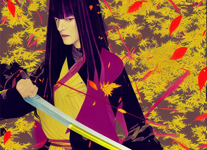 Prompt: breathtaking detailed pattern pastel colors, action scene from kill bill, with uma thurman ( kill bill ) in yellow kimono, swinging katana sword and autumn leaves, by hsiao - ron cheng, exquisite detail, enhanced eye detail