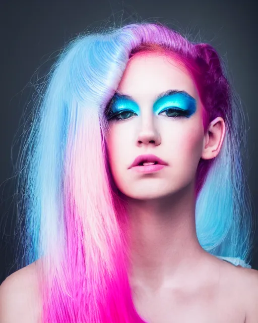 Image similar to a dramatic lighting photo of a beautiful young woman with cotton candy hair. with a little bit of cyan and pink