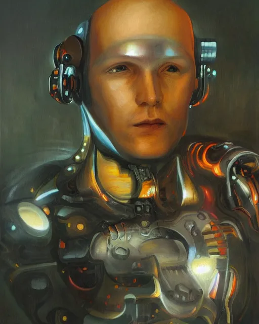 Image similar to sweet interesting portrait of a dreaming cyborg man, oil painting. HD