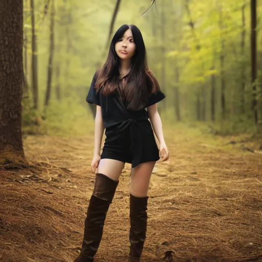 Image similar to real life photo of a beautiful girl, full body photoshoot, long black hair, full round face, short smile, brown shirt, forest setting, cinematic lightning, medium shot, mid - shot, highly detailed, trending on artstation, iso 2 0 0, f 1. 4, 8 0 mm, 8 5 mm, natural light