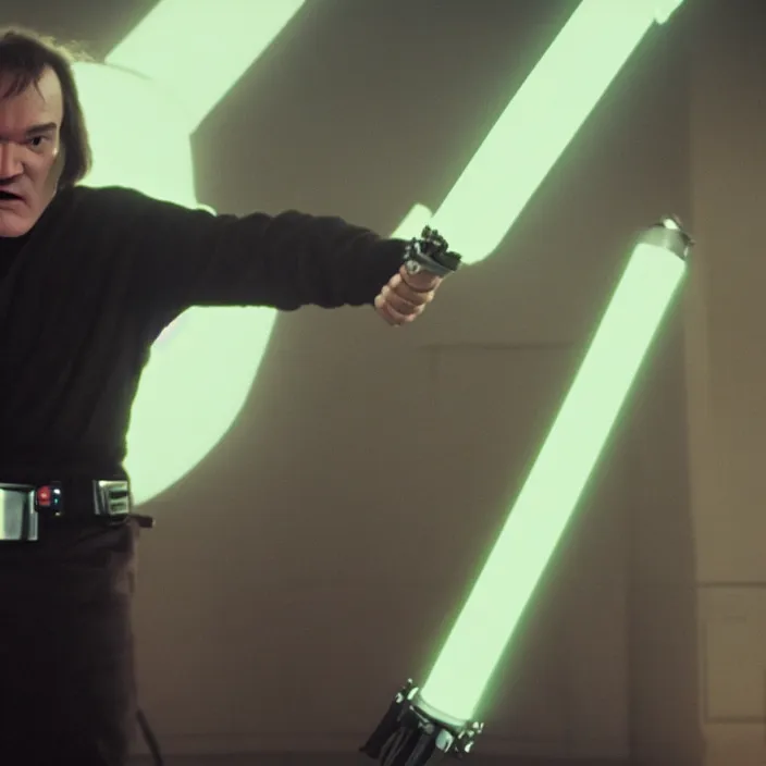 Image similar to quentin tarantino raising a lightsaber, giving thumbs up. without characters. black background. cinematic trailer format.