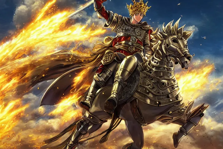 Image similar to an ultra detailed portrait of king richard the lionhearted as a shonen anime protagonist charging into battle wearing bright gold armor and riding a horse bless by god, 8 k, volumetric lighting, smooth, highly detailed, digital illustration, art by kentaro miura and akira toriyama and artgerm