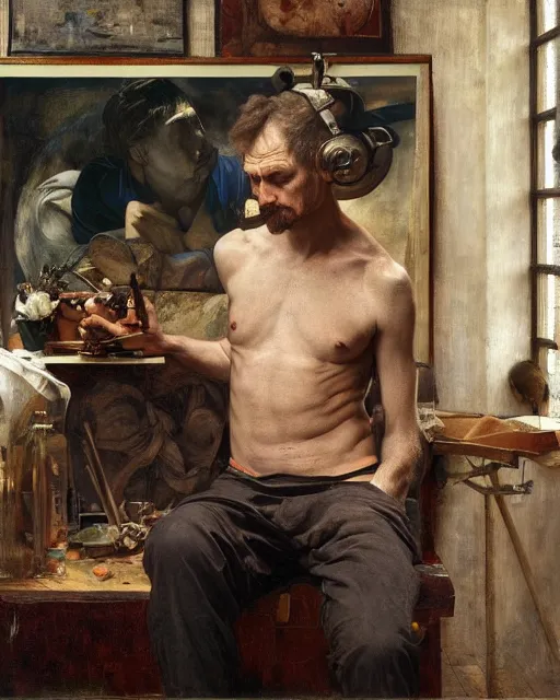 Image similar to an exhausted painter in his studio by edgar maxence and caravaggio and michael whelan, intricate painting, hyper realistic, extremely detailed and beautiful aesthetic face, 8 k resolution