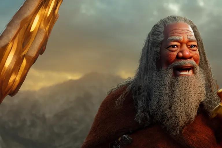 Image similar to morgan freeman starring as gimli in lord of the rings, still from a pixar movie, high quality 3 d render, movie, pixar, renderman, 4 k, artstation