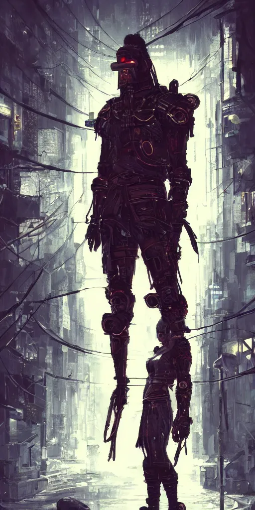 Image similar to Cyberpunk Samurai facing left in backdrop of cold alley, Artstation