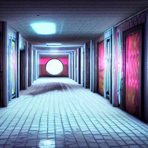 Image similar to abandoned movie theatre hallway, high contrast neon lighting, playstation 1 game, low poly graphics