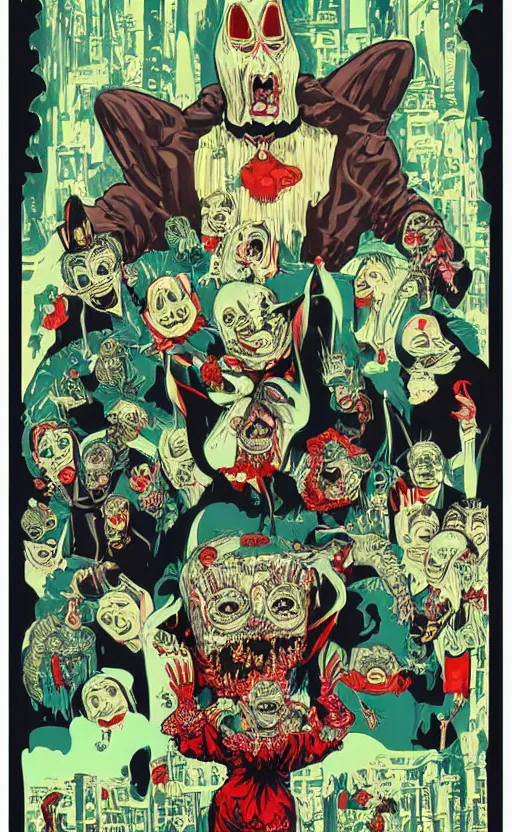 Image similar to cursed with necronomicon horrorcore cel animation poster depicting easter bunny, intricate faces, metropolis, 1 9 5 0 s movie poster, post - processing, vector art