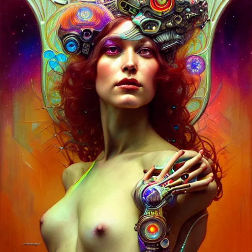 Image similar to extremely psychedelic cyborg queen of lsd. intricate, elegant, highly detailed, extremely lifelike photorealistic digital painting, artstation. steichen, gaston bussiere, tom bagshaw, cyberpunk alphonse mucha