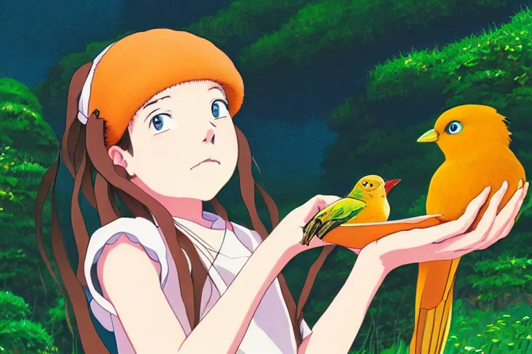 Image similar to young pretty girl holding a bird in her hands, looking touched, Fragile looking character portrait , beautiful scene; highly detailed art, by Studio Ghibli , High contrast, anime art