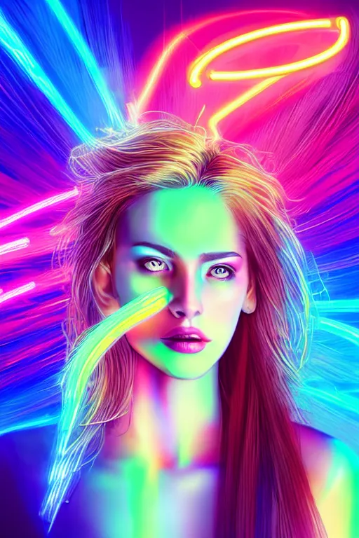 Image similar to a award winning half body portrait of a beautiful woman with stunning eyes in a croptop and cargo pants with rainbow colored ombre hairstyle head in motion and hair flying by thomas danthony, surrounded by whirling illuminated neon lines, outrun, vaporware, shaded flat illustration, digital art, trending on artstation, highly detailed, fine detail, intricate