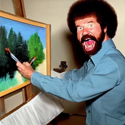 Image similar to bob ross screaming at his painting in an uncontrollable fit of rage