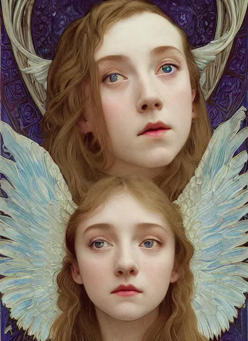 Prompt: realistic detailed painting of a 1 6 - year old girl who resembles millie bobby brown and saoirse ronan, mouth open, glowing, as an angel with a golden halo and white, feathered wings, wearing intricate, detailed full - plate art nouveau style armor, by alphonse mucha, ayami kojima amano, charlie bowater, karol bak, greg hildebrandt
