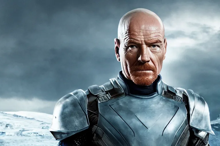 Image similar to promotional image of bald Bryan Cranston as a new superhero called Meth-Man in Avengers: Endgame (2019), icy blue plate armor, stern expression, movie still frame, promotional image, imax 70 mm footage