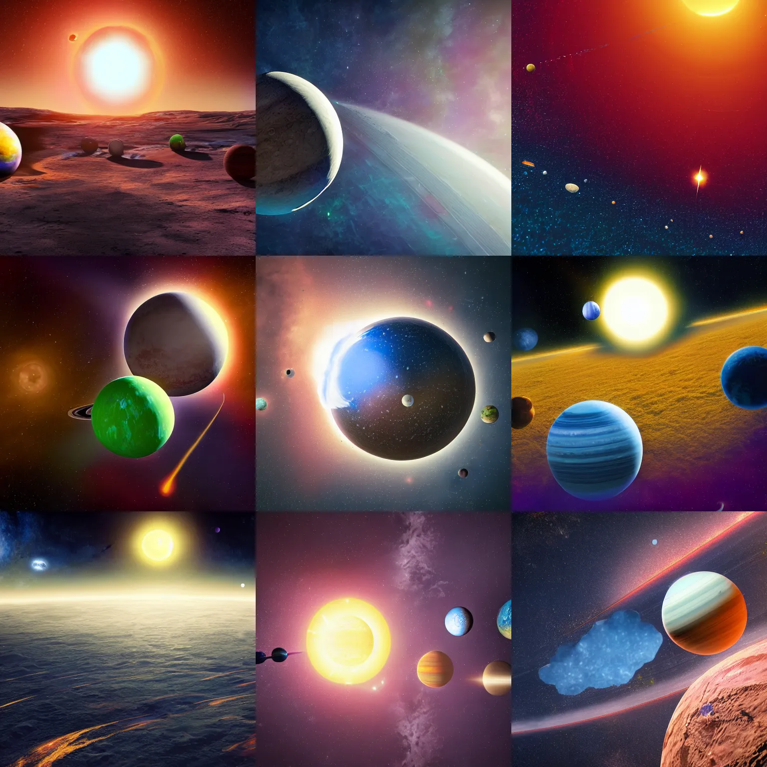 Prompt: 3 stars solar system, matte painting, sharp focus, vibrant colors, high contrast, concept, detail render, realistic maya, octane render, rtx, nasa, photo