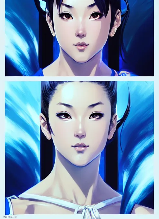 Image similar to a comic portrait of chun - li, fine - face, realistic shaded perfect face, fine details. blue - ish cosmic setting. very anime style. realistic shaded lighting poster by ilya kuvshinov katsuhiro, magali villeneuve, artgerm, jeremy lipkin and michael garmash, rob rey and kentaro miura style, trending on art station