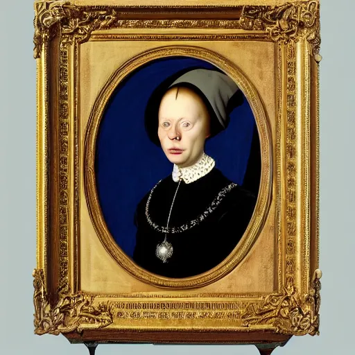 Prompt: president simone giertz, simone giertz presidential portrait, oval office painting. official portrait, painting by jan van eyck. oil on canvas, wet - on - wet technique, underpainting, grisaille, realistic. restored face.