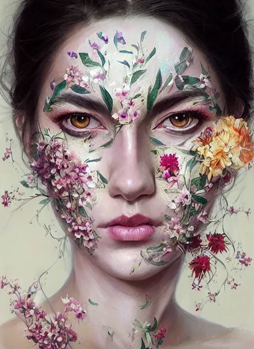 Image similar to a woman with her face painted. face painting of flowers. beautiful highly detailed face. painting by artgerm and greg rutkowski and magali villanueve.