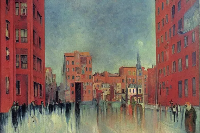 Image similar to unique shops, apartment towers, and cute townhouses along a city street, oil painting by edvard munch, stanislaw beksinski