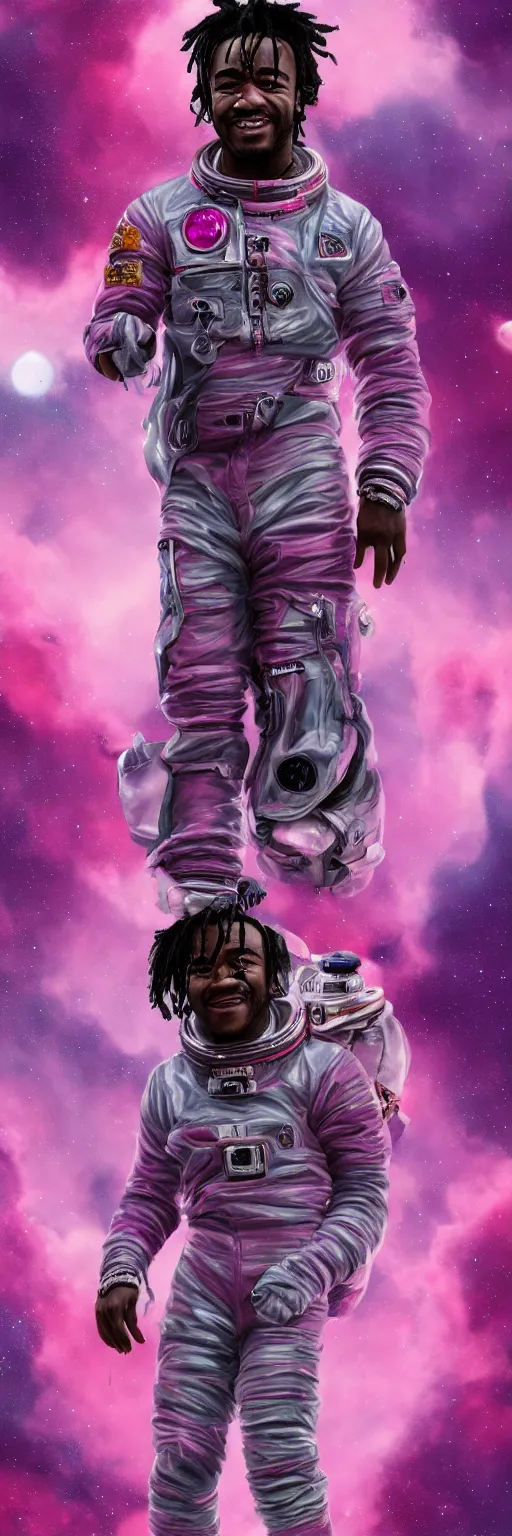 Image similar to Cinematic full body portrait of Lil Uzi Vert wearing a pink spacesuit, cinematic photograph, matte painting, trending on artstation, space clouds art