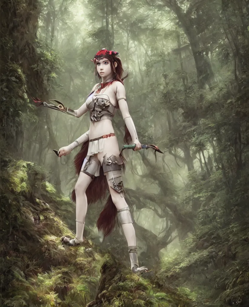 Prompt: portrait of Princess Mononoke girl, fully clothed in armor, lush forest landscape, painted by tom bagshaw, proko, artgerm, norman rockwel, james gurney, denoised, sharp, architectural