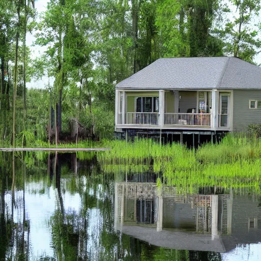 Image similar to a suburban home in a swamp,