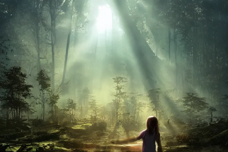 Image similar to the great beyond, sci - fi scene future new york, little girl holding a hand of a big robot, forest punk, crepuscular rays, epic scene, hyper realistic, photo realistic, overgrowth, cinematic atmosphere, ethereal lighting, in the style of john waterhouse