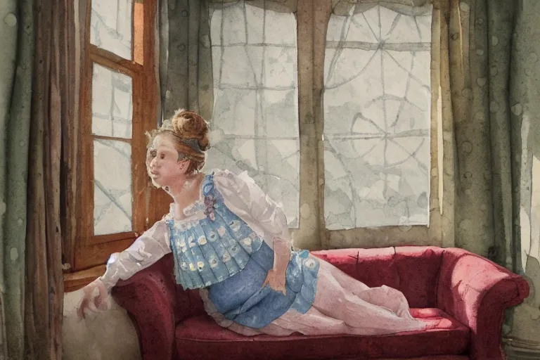 Image similar to charming and chubby fish female, wearing a polka dot cloths and a victorian - style hairdo, lye on the fancy sofa, in the large and bright studio. sunlight enters through the barred window. delicate watercolor and pencil on canvas. beautiful lighting, 4 k post - processing, highly detailed, 5 k extremely detailed, 3 d. cinematic scene.