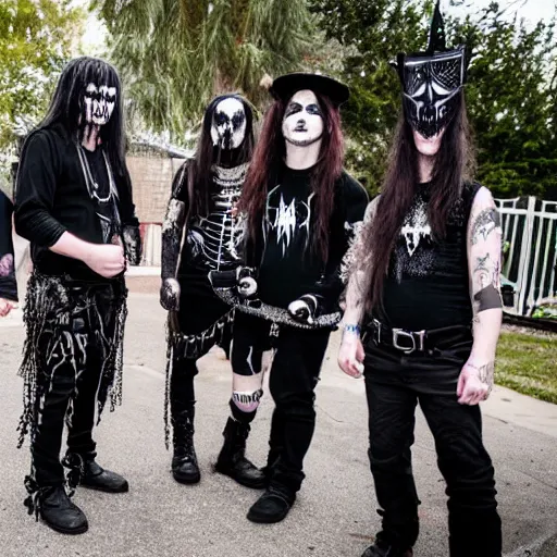 Prompt: black metal band playing at a children's birthday party, goths, punkrockers