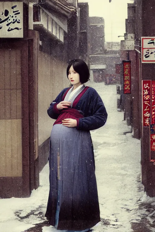 Image similar to Full-length portrait of a pregnant man on the streets of Tokyo, historically reliable photo chronicle, winter, 1975, ultra detailed digital art, octane render, 4K, by John William Waterhouse and Edwin Longsden Long and Theodore Ralli and Nasreddine Dinet