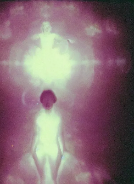 Image similar to a symmetrical female astral projection, liquid glowing aura, out of body experience, film grain, cinematic lighting, experimental film, shot on 1 6 mm