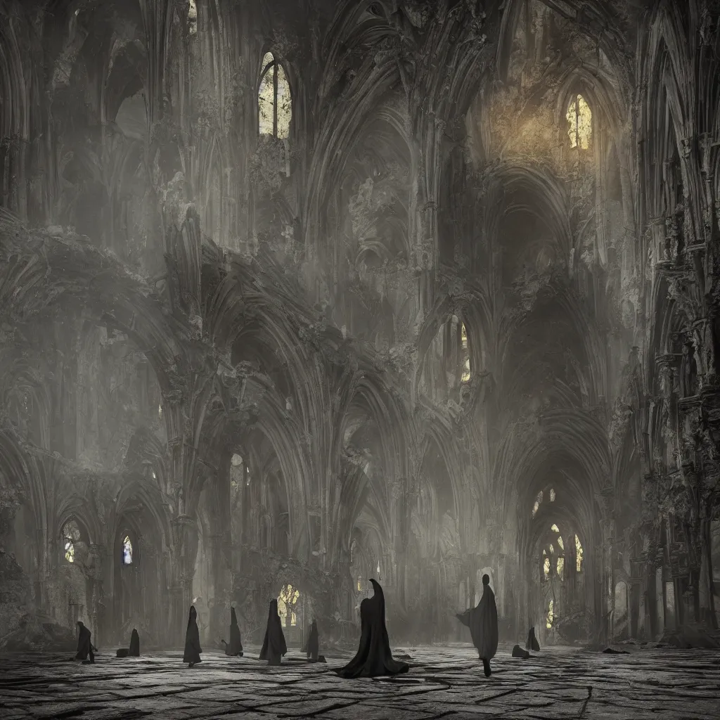 Image similar to Photorealistic strange dark monks perform a ritual in a ruined cathedral. Ominous storm clouds, strange levitating stones, stones falling from the sky, a gentle rising mist. occult photorealism, UHD, amazing depth, glowing, golden ratio, 3D octane cycle unreal engine 5, volumetric lighting, cinematic lighting, cgstation artstation concept art