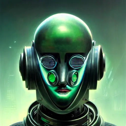 Image similar to low angle shot of a cyberpunk gazmask robot character wearing a gazmask, green eyes, intricate, elegant, highly detailed, centered, digital painting, artstation, concept art, smooth, sharp focus, illustration, artgerm, Tomasz Alen Kopera, Peter Mohrbacher, donato giancola, Joseph Christian Leyendecker, WLOP, Boris Vallejo