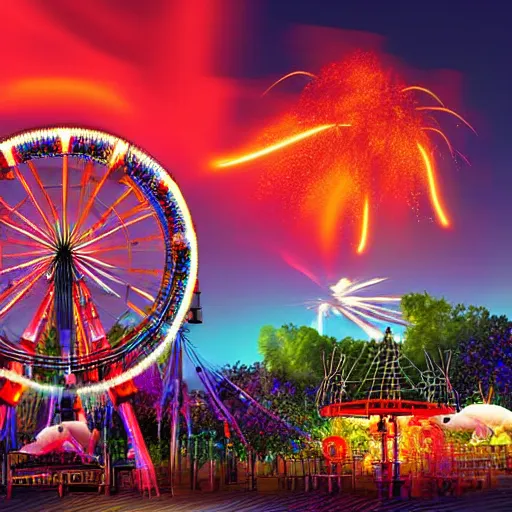 Image similar to a theme park in pre historic earth, erupting volcano, ferris wheel, lights, carnival, digital art by colby bryant