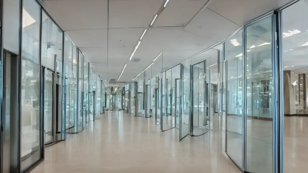 Prompt: professional photograph of an infinite series of glass doors, centered, high quality lighting, detailed, sharp focus