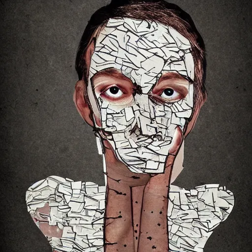 Image similar to face shredded like paper as skin peeling, dark, surreal, illustration, by ally burke