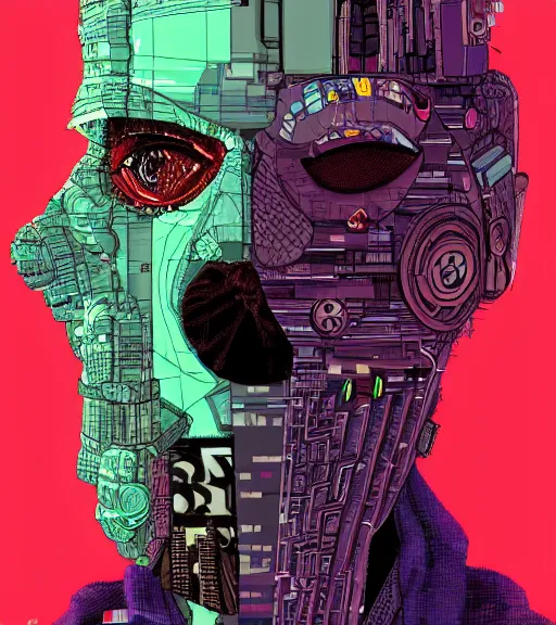 Image similar to a cyberpunk man with a glitching patchwork face of various ethnicities, Industrial Scifi, detailed illustration, character portrait, by Martin Grip and Moebius